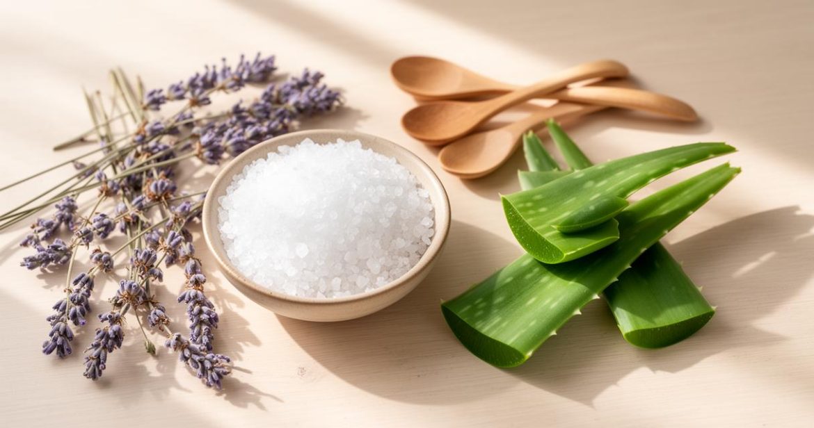 Composition d'ingrédients naturels pour les cosmétiques : lavande séchée, bol de sel d'Epsom blanc et feuilles fraîches d'aloe vera sur une surface en bois claire avec des cuillères, illustrant les bienfaits des cosmétiques naturels pour une beauté authentique.